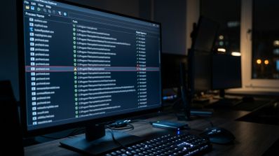 Monitor de ordenador en un entorno oscuro mostrando una lista de procesos del sistema con iconos de verificación y una alerta de seguridad resaltada en rojo.