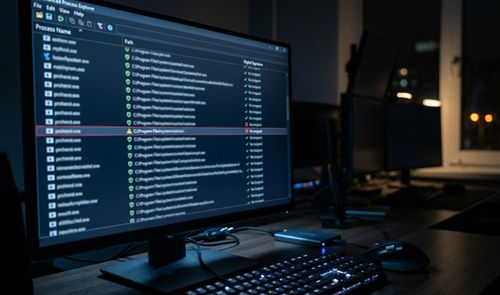 Monitor de ordenador en un entorno oscuro mostrando una lista de procesos del sistema con iconos de verificación y una alerta de seguridad resaltada en rojo.