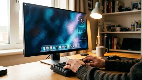 Escritorio con monitor que muestra la interfaz personalizada Silent Horizon en Linux Mint 22.3, incluyendo un dock translúcido y widgets laterales.