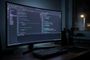 Monitor curvo en un escritorio oscuro que muestra la interfaz de un editor con líneas de código y un terminal integrado.