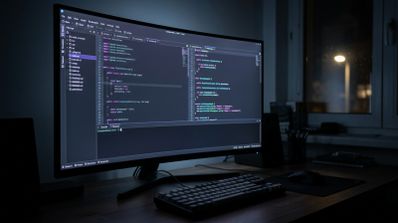 Monitor curvo en un escritorio oscuro que muestra la interfaz de un editor con líneas de código y un terminal integrado.