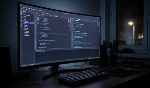 Monitor curvo en un escritorio oscuro que muestra la interfaz de un editor con líneas de código y un terminal integrado.