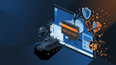 Ilustración conceptual de una pantalla de ordenador con la interfaz de Windows 11 fragmentándose debido a un error de actualización, con un tanque y escudos rotos alrededor del código KB5124010.