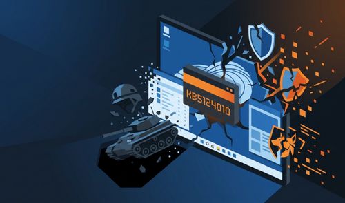 Ilustración conceptual de una pantalla de ordenador con la interfaz de Windows 11 fragmentándose debido a un error de actualización, con un tanque y escudos rotos alrededor del código KB5124010.