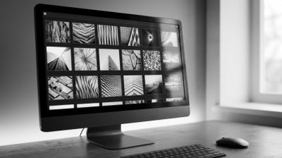 Monitor de ordenador en blanco y negro que muestra una cuadrícula de fotografías en miniatura de texturas naturales y arquitectónicas.