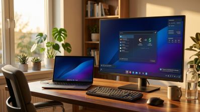 Escritorio con un monitor principal y un portátil mostrando la interfaz de KDE Plasma en un entorno doméstico iluminado por la luz del sol.