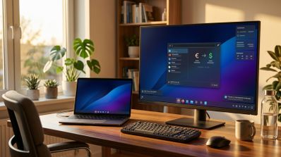 Escritorio con un monitor principal y un portátil mostrando la interfaz de KDE Plasma en un entorno doméstico iluminado por la luz del sol.