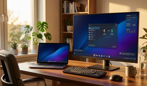 Escritorio con un monitor principal y un portátil mostrando la interfaz de KDE Plasma en un entorno doméstico iluminado por la luz del sol.