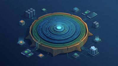 Ilustración conceptual de un núcleo tecnológico con forma de anillos de crecimiento de un tronco conectado a servidores, dispositivos Android y servicios en la nube.