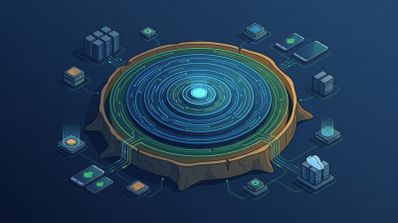 Ilustración conceptual de un núcleo tecnológico con forma de anillos de crecimiento de un tronco conectado a servidores, dispositivos Android y servicios en la nube.