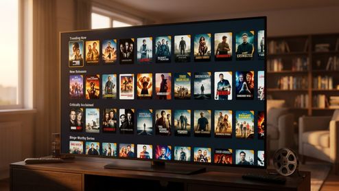 Televisor en un salón que muestra una interfaz de catálogo de películas y series organizada en filas temáticas como tendencia, novedades y aclamadas por la crítica.