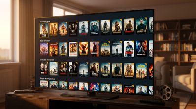 Televisor en un salón que muestra una interfaz de catálogo de películas y series organizada en filas temáticas como tendencia, novedades y aclamadas por la crítica.