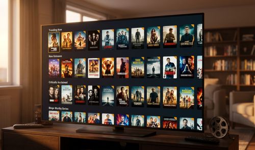 Televisor en un salón que muestra una interfaz de catálogo de películas y series organizada en filas temáticas como tendencia, novedades y aclamadas por la crítica.
