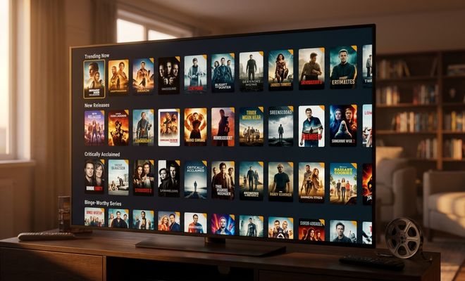 Televisor en un salón que muestra una interfaz de catálogo de películas y series organizada en filas temáticas como tendencia, novedades y aclamadas por la crítica.