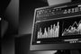 Monitor de ordenador en blanco y negro mostrando una interfaz de software de hojas de cálculo con gráficos de barras y de líneas.