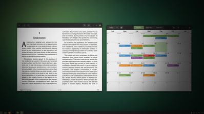 Interfaz de escritorio con dos ventanas abiertas sobre un fondo verde: un lector de libros electrónicos con texto a doble columna y una aplicación de calendario con eventos organizados por colores.