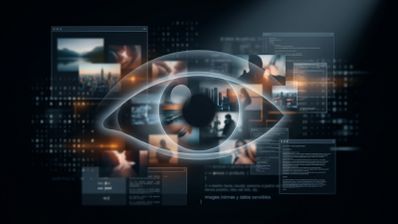 Representación conceptual de la vigilancia digital con un ojo humano superpuesto a una interfaz de datos y fotografías personales.