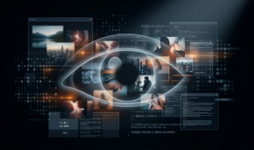Representación conceptual de la vigilancia digital con un ojo humano superpuesto a una interfaz de datos y fotografías personales.