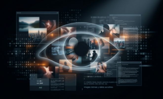 Representación conceptual de la vigilancia digital con un ojo humano superpuesto a una interfaz de datos y fotografías personales.