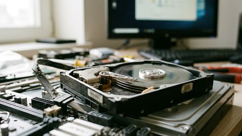 Primer plano de un disco duro mecánico abierto sobre una mesa de taller con componentes informáticos y un monitor al fondo.