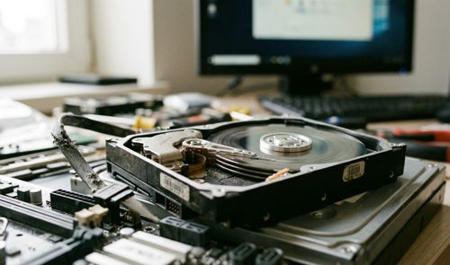 Primer plano de un disco duro mecánico abierto sobre una mesa de taller con componentes informáticos y un monitor al fondo.