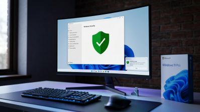 Monitor de ordenador mostrando la interfaz de Seguridad de Windows con un escudo verde de verificación sobre un escritorio con teclado y ratón.