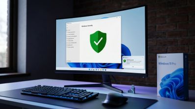 Monitor de ordenador mostrando la interfaz de Seguridad de Windows con un escudo verde de verificación sobre un escritorio con teclado y ratón.