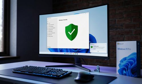 Monitor de ordenador mostrando la interfaz de Seguridad de Windows con un escudo verde de verificación sobre un escritorio con teclado y ratón.