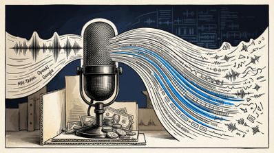 Ilustración conceptual de un micrófono clásico recibiendo ondas de sonido que se transforman en flujos de datos y transcripción junto a monedas y billetes de dólar.