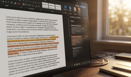 Interfaz de Microsoft Word mostrando el panel lateral del Comprobador de similitud con fragmentos de texto subrayados en el documento.