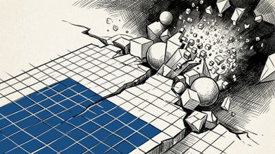 Ilustración conceptual de una cuadrícula bidimensional que se fragmenta y explota en múltiples formas geométricas tridimensionales como esferas y cubos.