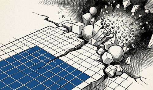 Ilustración conceptual de una cuadrícula bidimensional que se fragmenta y explota en múltiples formas geométricas tridimensionales como esferas y cubos.
