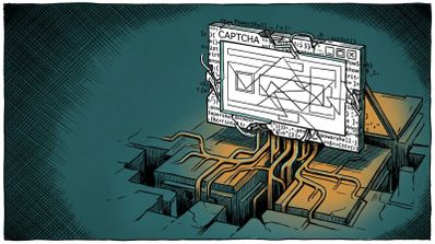Ilustración de una ventana de navegador con un captcha fracturado de la que emergen cables que se infiltran en una estructura de hormigón con código PowerShell de fondo.