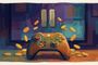 Ilustración de un mando de Xbox rodeado de monedas de oro volando frente a una pantalla que muestra el símbolo de pausa.