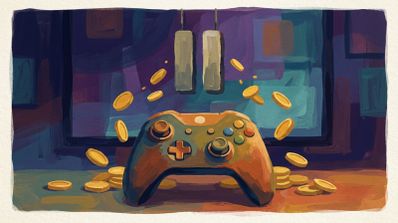 Ilustración de un mando de Xbox rodeado de monedas de oro volando frente a una pantalla que muestra el símbolo de pausa.