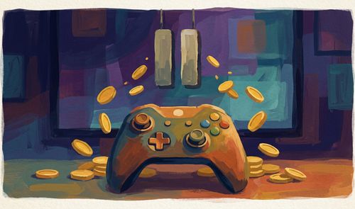 Ilustración de un mando de Xbox rodeado de monedas de oro volando frente a una pantalla que muestra el símbolo de pausa.