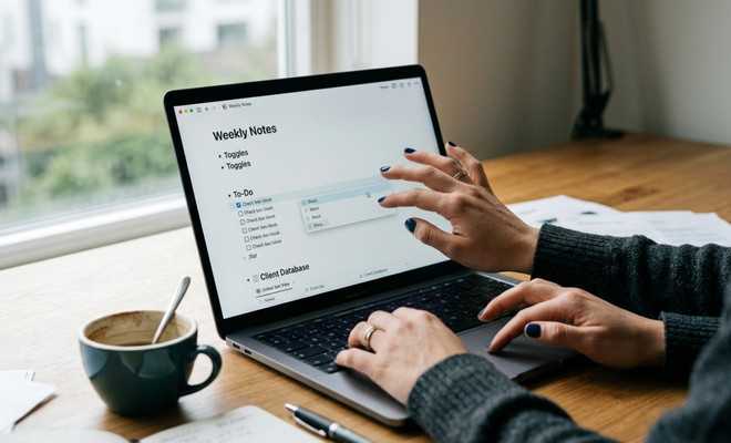 Persona utilizando la interfaz de Notion en un portátil para organizar una lista de tareas y una base de datos de clientes.