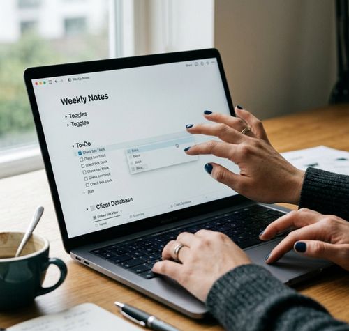 Persona utilizando la interfaz de Notion en un portátil para organizar una lista de tareas y una base de datos de clientes.