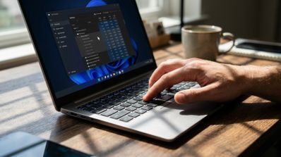 Primer plano de una mano utilizando el teclado de un ordenador portátil con la ventana del Administrador de tareas de Windows 11 abierta en pantalla.
