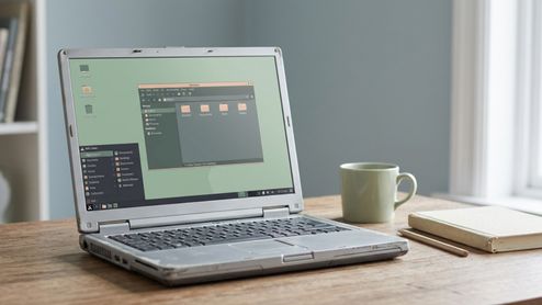 Ordenador portátil antiguo con marcas de desgaste ejecutando la interfaz de MX Linux Fluxbox sobre una mesa de madera.