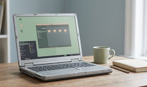Ordenador portátil antiguo con marcas de desgaste ejecutando la interfaz de MX Linux Fluxbox sobre una mesa de madera.