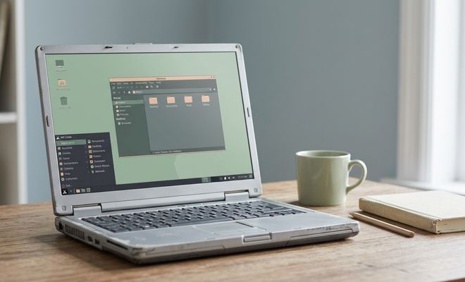 Ordenador portátil antiguo con marcas de desgaste ejecutando la interfaz de MX Linux Fluxbox sobre una mesa de madera.