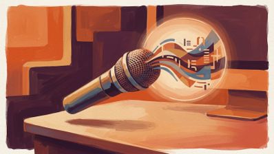Ilustración de estilo pictórico que muestra un micrófono de mano flotando sobre una mesa frente a un monitor, con ondas de colores saliendo de su rejilla hacia un círculo luminoso.