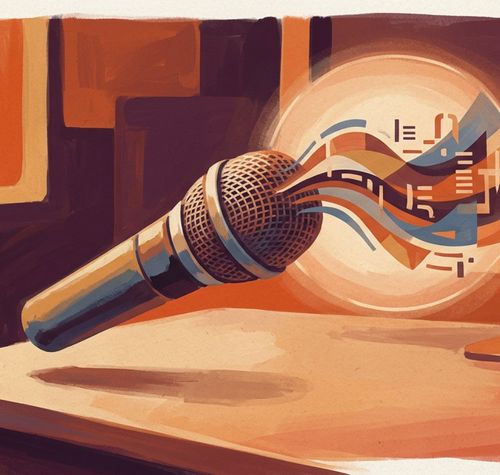 Ilustración de estilo pictórico que muestra un micrófono de mano flotando sobre una mesa frente a un monitor, con ondas de colores saliendo de su rejilla hacia un círculo luminoso.
