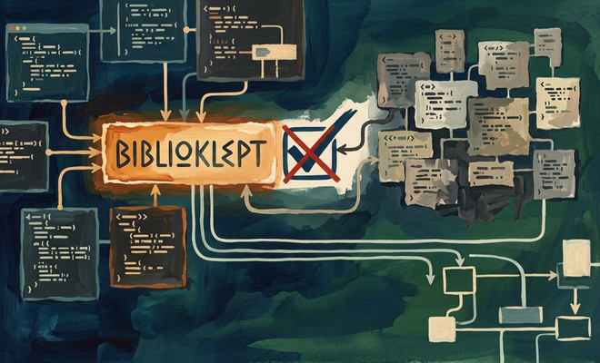 Representación artística de un flujo de código de programación donde la palabra BIBLIOKLEPT actúa como filtro, bloqueando con una X roja el paso hacia una estructura de archivos.
