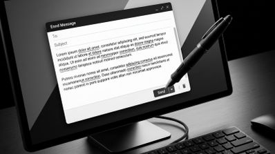 Representación conceptual de un correo electrónico en una pantalla con palabras subrayadas por errores ortográficos y un lápiz digital señalando el botón de enviar.