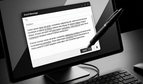 Representación conceptual de un correo electrónico en una pantalla con palabras subrayadas por errores ortográficos y un lápiz digital señalando el botón de enviar.