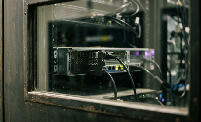 Primer plano de una tarjeta gráfica instalada en un servidor rack con cables conectados visto a través de un panel de cristal.