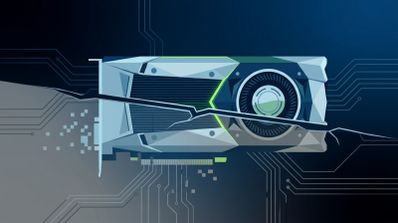 Ilustración de una tarjeta gráfica NVIDIA GeForce dividida por una grieta sobre un fondo de circuitos electrónicos.