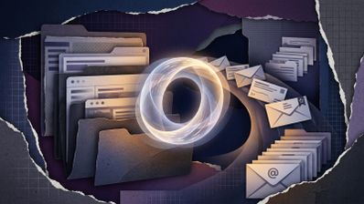 Ilustración conceptual de un anillo de luz en forma de letra O rodeado de carpetas digitales y sobres de correo electrónico.